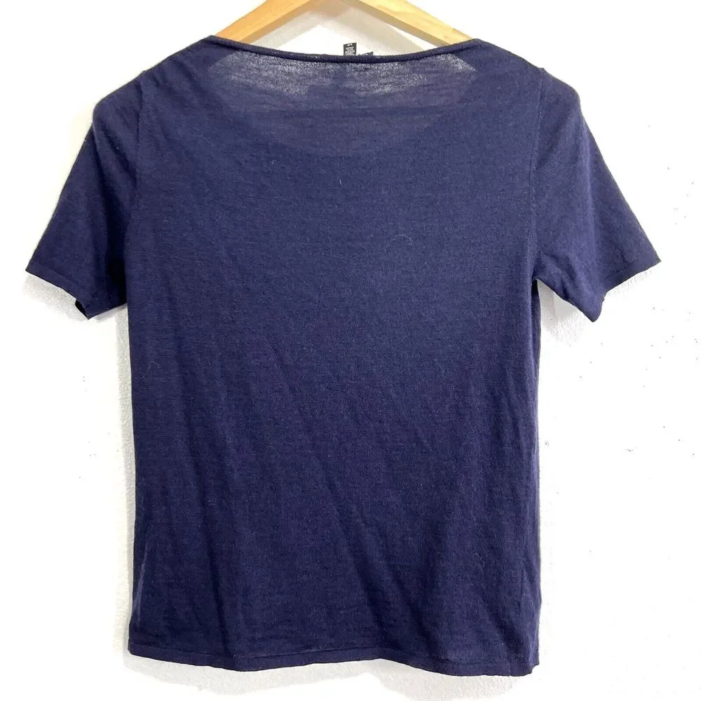 Eileen Fisher Navy Short Sleeve Wool Scoop Neck Sweater, Small. - Picture 2 of 8